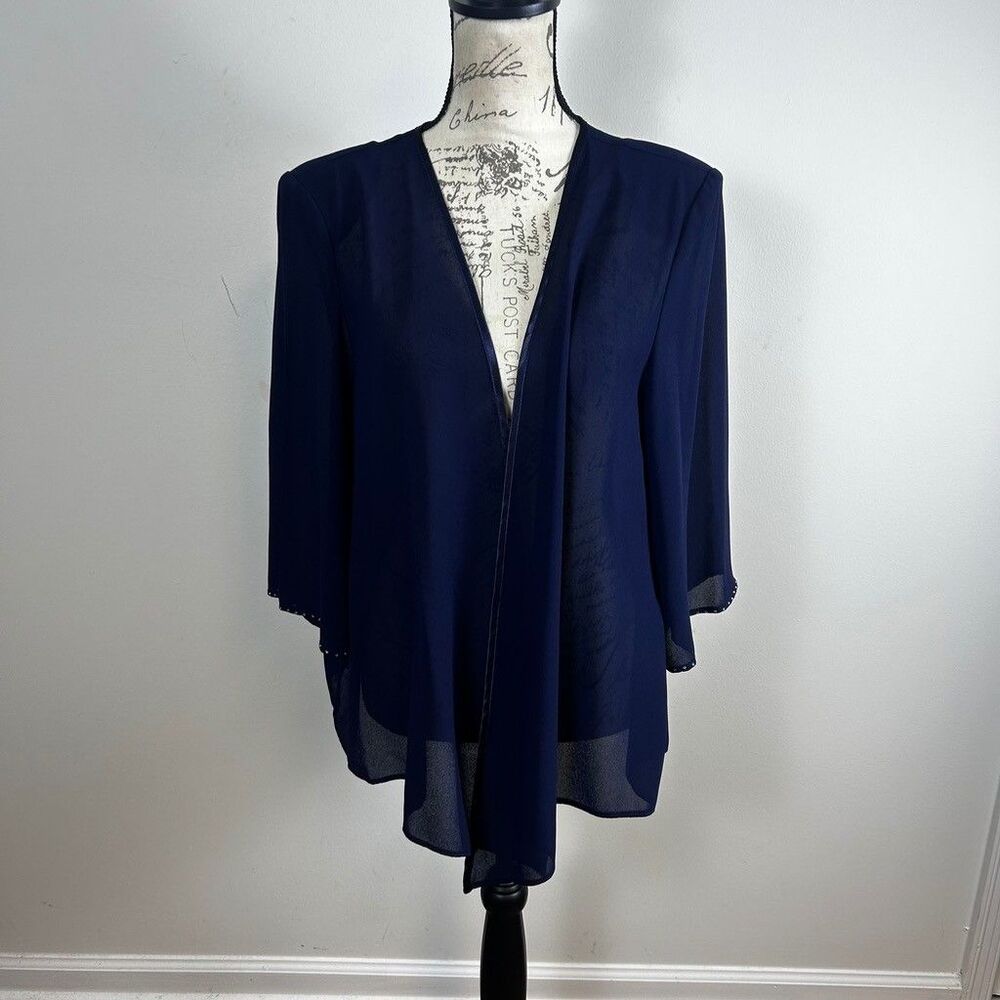 EY Boutique Women Navy Blue Chiffon Open Front Cardigan Jacket Size 12